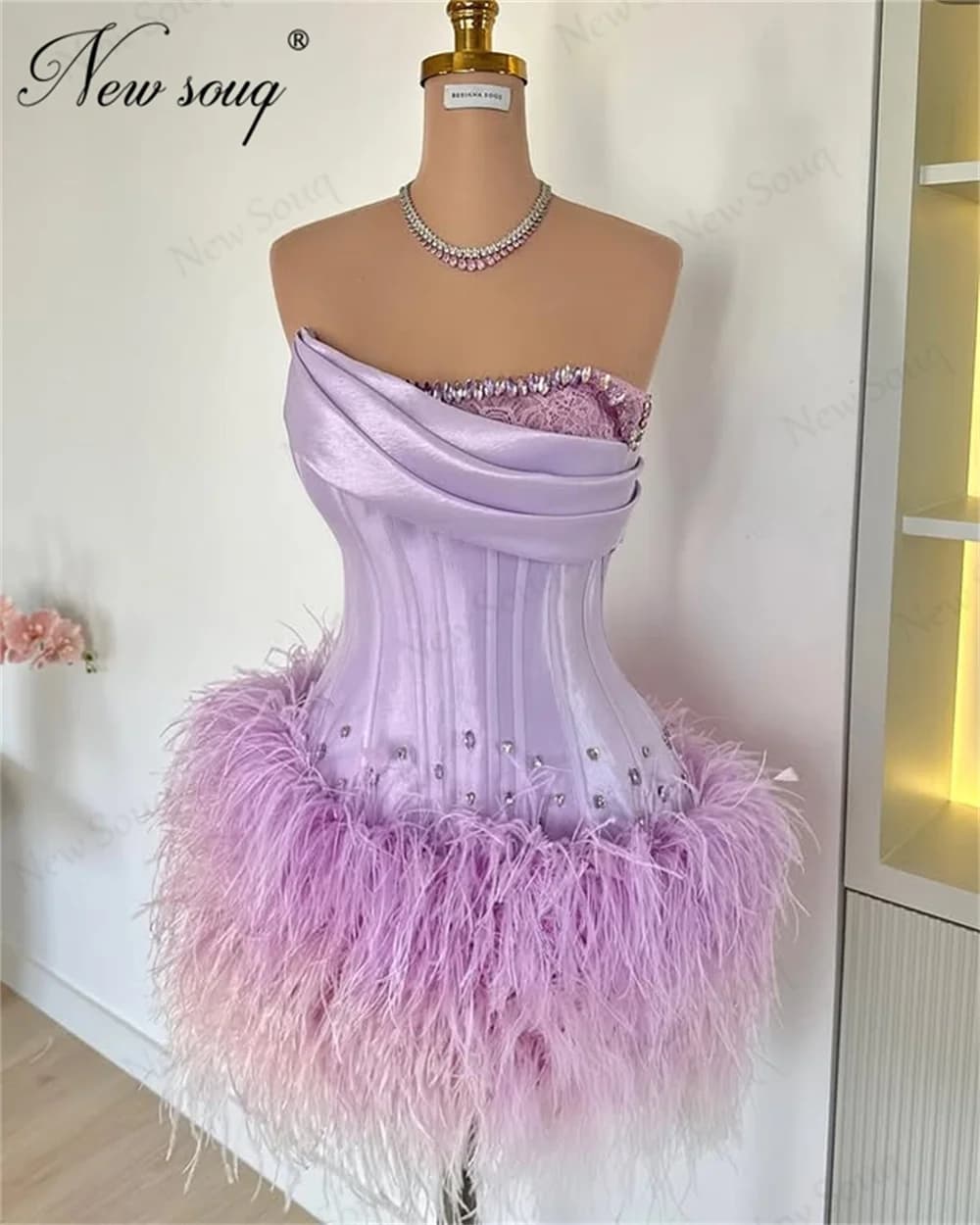 Lilac Short Feathers Evening Dresses Customized Beading Strapless Cocktail Dress Party Clubbing Dress Graduation Dress Robes