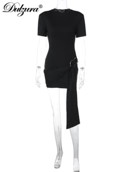 Dulzura O-Neck Short Sleeves Lace Up Bodycon Metal Button Mini Dress Solid Casual Elegant Short Dress Club Streetwear Outfit