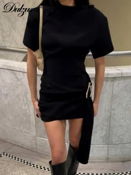 Dulzura O-Neck Short Sleeves Lace Up Bodycon Metal Button Mini Dress Solid Casual Elegant Short Dress Club Streetwear Outfit