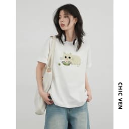 CHIC VEN Korean Women T-Shirts O Neck Loose Casual Cat Animal Embroidery Short Sleeved Tees Female Top Spring Summer 2025