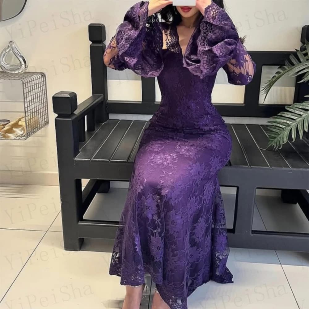 Customized A-Line Prom Dresses Ankle-Lengt V-Neck Full Sleeve Evening Gown Simple Fashion Lace Ruffles Draped Party Dresses