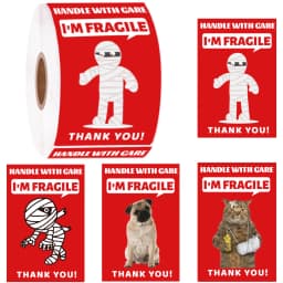 200 PCS Funny Fragile Stickers - 4 Designs (Dog, Cat, Mummy), 3x2 Inches Permanent Adhesive Labels for Shipping, Moving, Glass