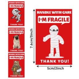 200 PCS Funny Fragile Stickers - 4 Designs (Dog, Cat, Mummy), 3x2 Inches Permanent Adhesive Labels for Shipping, Moving, Glass