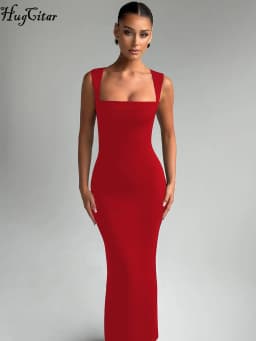 Hugcitar Women Elegant Solid Square Collar Straps Sexy Bodycon Maxi Prom Dress Summer Women Y2K Clothes Evening Party Birthday