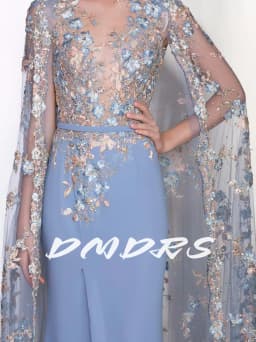 Blue Gorgeous Mermaid Evening Dress With Cape Classy Women Customized Appliques Chic Cocktail Gown Romantic Side Slit Prom Dress