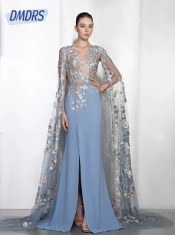 Blue Gorgeous Mermaid Evening Dress With Cape Classy Women Customized Appliques Chic Cocktail Gown Romantic Side Slit Prom Dress