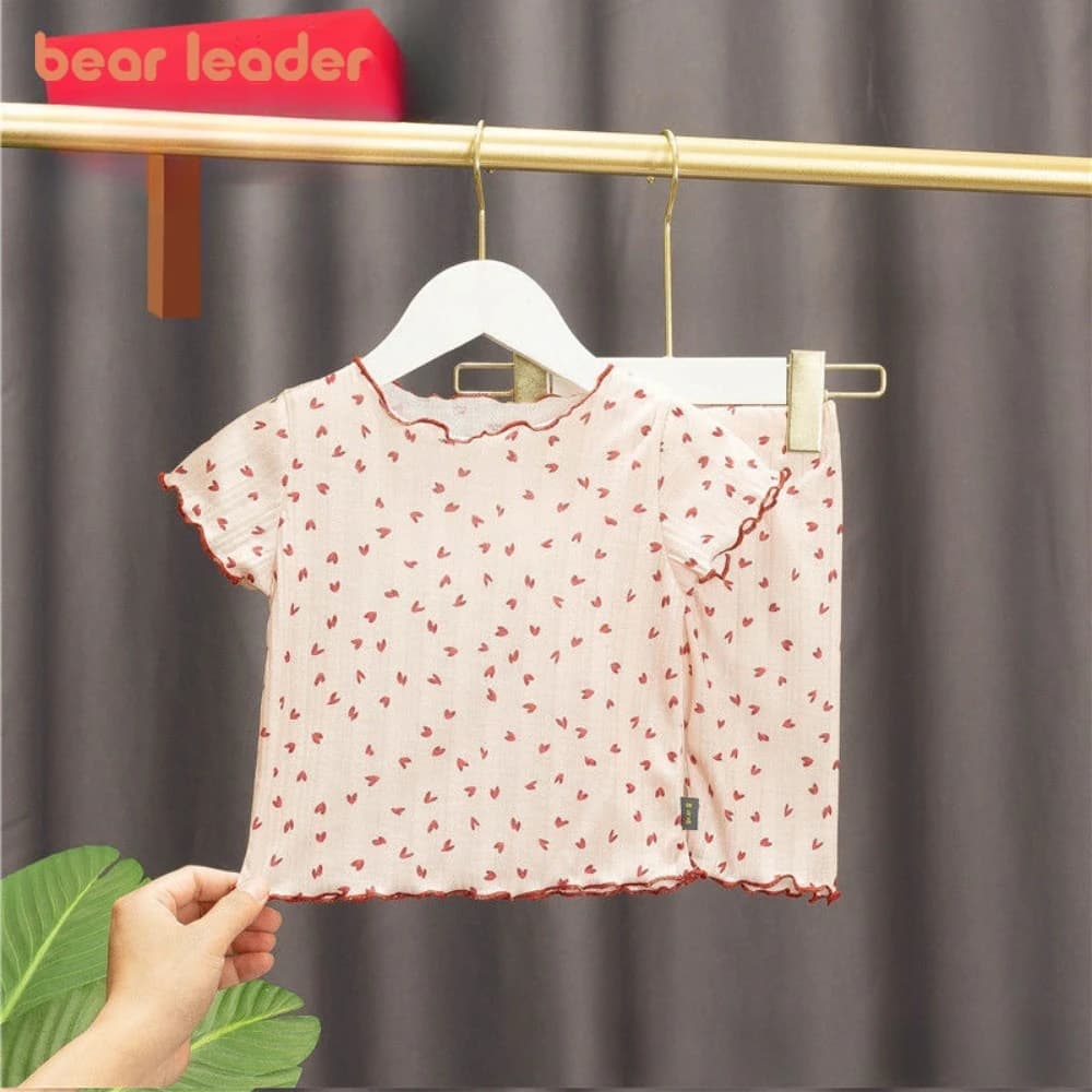 Bear Leader Summer Baby Girls Clothes Love Printed Round Neck Short Sleeve Top+Shorts 2 Piece Set Children's Home Clothing