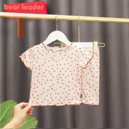 Bear Leader Summer Baby Girls Clothes Love Printed Round Neck Short Sleeve Top+Shorts 2 Piece Set Children's Home Clothing