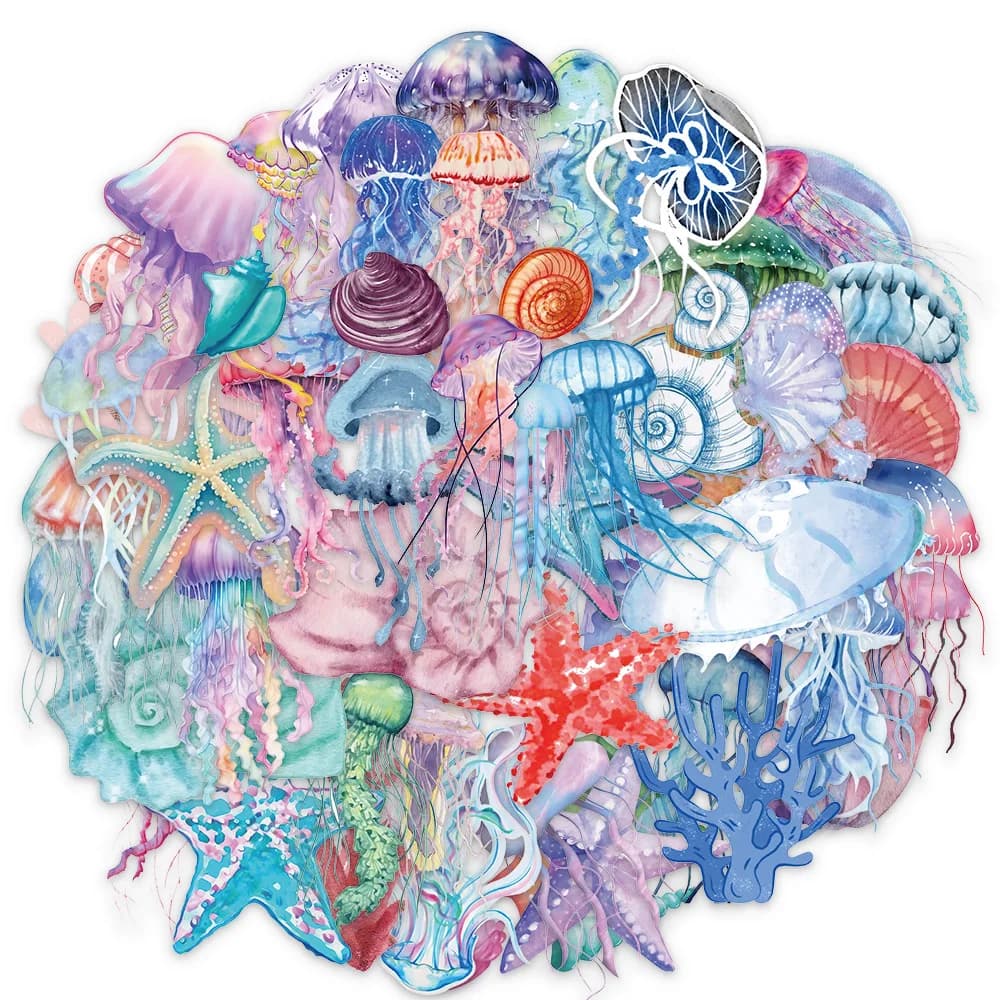 50PCS Set of Tropical Fish Graffiti Stickers Jellyfish Sea Star Shell Coral Stickers Decorative Frame DIY Waterproof Stickers