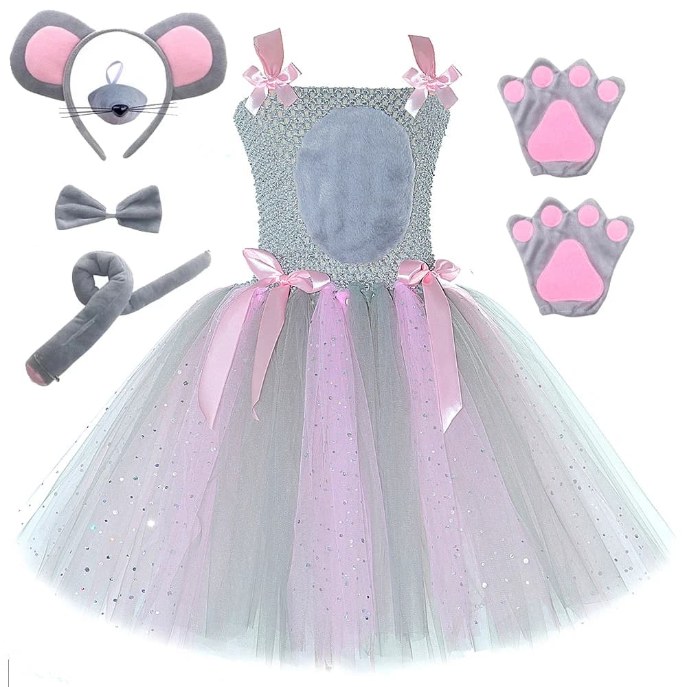 Sparkly Pink Grey Mouse Costumes for Baby Girls Gray Rat Tutu Dress for Kids Animal Halloween Outfits Children Birthday Clothes