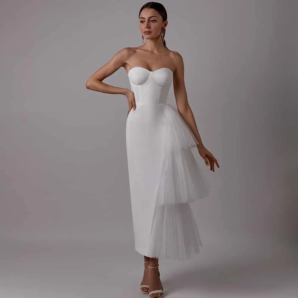 Classy Midi Wedding Dresses Satin Sheath/Column Wedding Party Dress White Sweetheart Tiered Ruched Split Hall Wedding Dress Mid