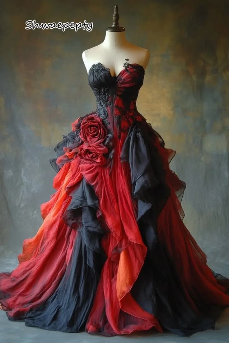 Gothic Vampire Prom Dress Red And Black Ruched A-Line Sweetheart Evening Gown Customized Vintage Wedding Dresses