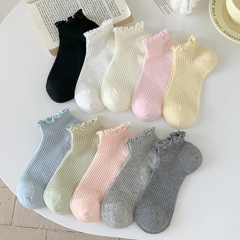 Socks For Women Summer New Plain Casual Daily Sweet Ruffle Socks Thin Breathable Hollow Out Fashion Frilly Female Short Socks