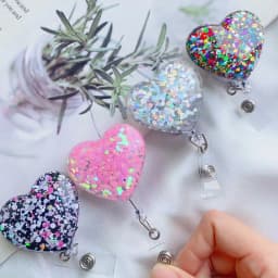 Sequin Heart Retractable Badge Reel Lanyards ID Name Card Badge Holder Nurse Pink Employee Card Alligator Clip Office Supplies