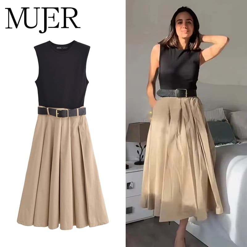 MUJER 2025 Woman Dresses Belt Pleated Midi Dress Women Sleeveless Summer Dress Woman Knitted Party Dresses for Women Sundress