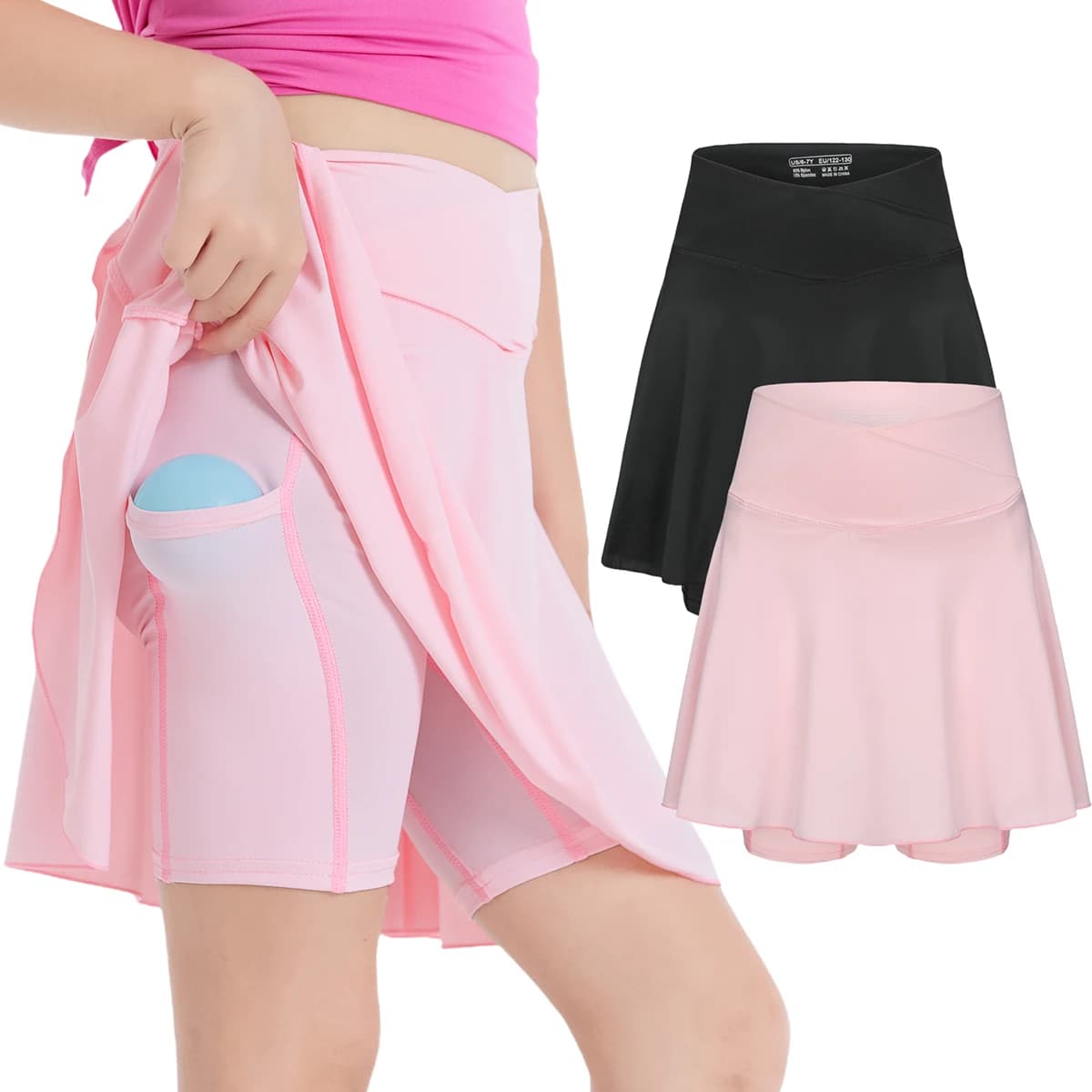 Girls Tennis Athletic Skirt with Side Pocket Shorts High Waist Active Skort for Girls Kids Teen FW103