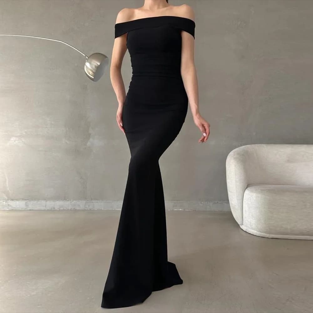 Customized Tight Fitting A-Line Prom Dresses Floor-Length Boat Neck Sleeveless Evening Gown Off The Shoulder Backless Party Gown