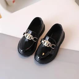 2025 for Children Platform Black Patent Leather Chain Fashion Boys Girls Flat Shoes Four Season Elegant 26-36 Kids Shoe