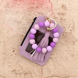 2025 Silicone bead pu leather key chain wristlet id credit card holder keychain wallet for women with bangle bracelet