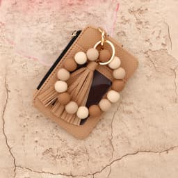 2025 Silicone bead pu leather key chain wristlet id credit card holder keychain wallet for women with bangle bracelet