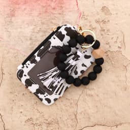 2025 Silicone bead pu leather key chain wristlet id credit card holder keychain wallet for women with bangle bracelet