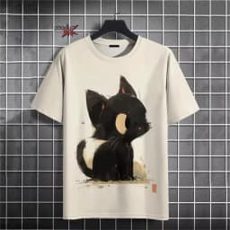Japanese Ukiyo-E Cute Cat Pattern Round Neck Men's Short Sleeved Daily Oversized T-Shirt Harajuku Y2k T-Shirt T-Shirt Men Top