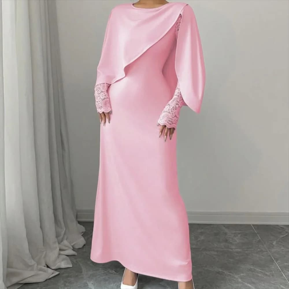 Customized Pink Straight Prom Dresses Ankle-Length Fashion O-Neck Stole Lace Full Sleeve Evening Gown Simple Draped Party Gown