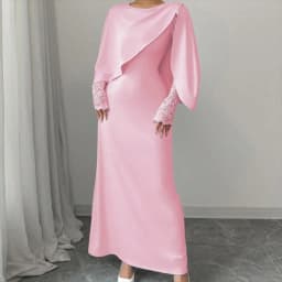 Customized Pink Straight Prom Dresses Ankle-Length Fashion O-Neck Stole Lace Full Sleeve Evening Gown Simple Draped Party Gown