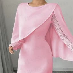 Customized Pink Straight Prom Dresses Ankle-Length Fashion O-Neck Stole Lace Full Sleeve Evening Gown Simple Draped Party Gown