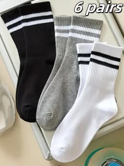 3/ 6 pairs Striped mid-calf socks, crew socks, comfortable and breathable, women's white socks, suitable for daily sports wear