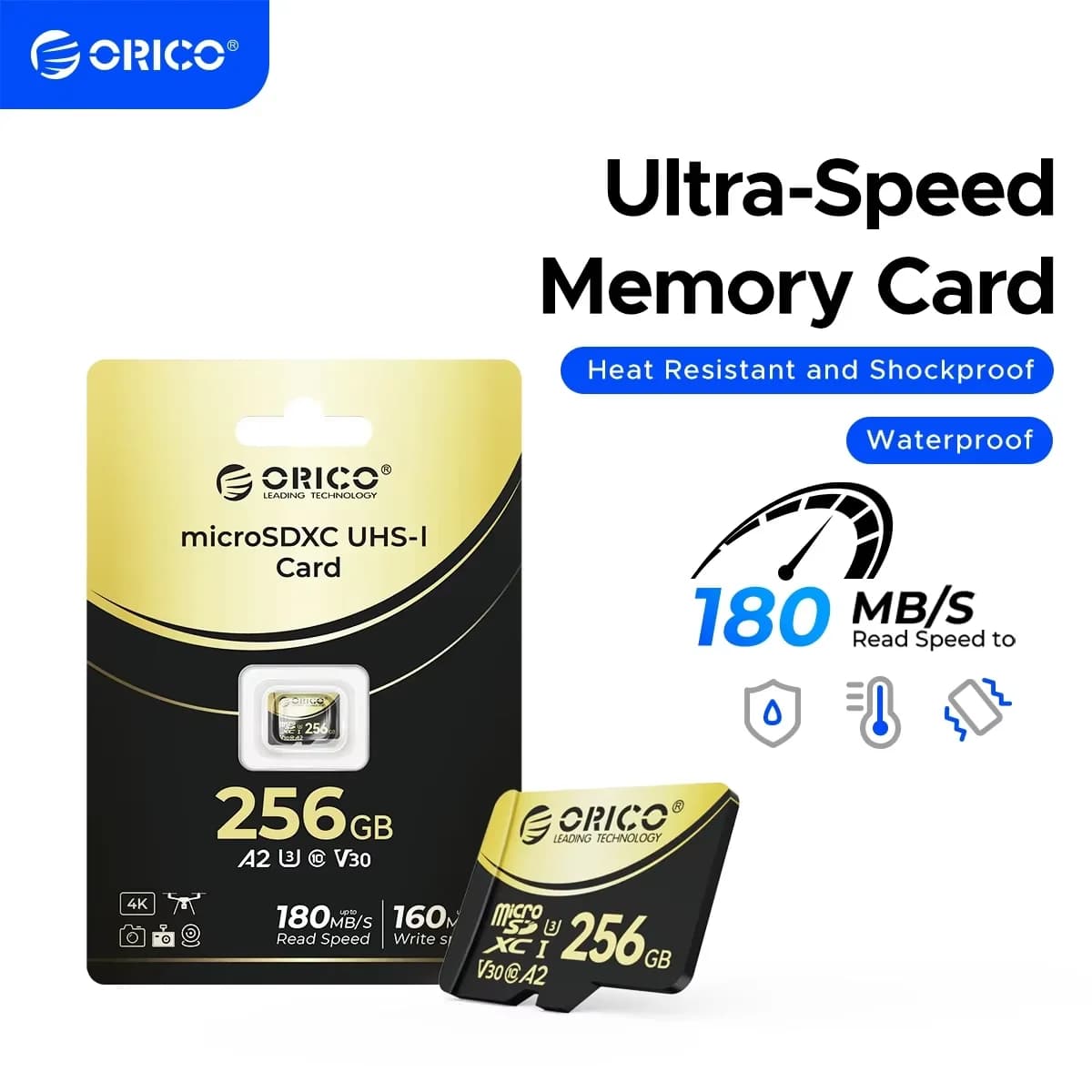 ORICO Micro SD Card TF Memory Card 512GBFull HD and 4K UHD C10, U3, V30, A2, microSDXC Up to180 MB/s for GoPRO DJI Drone