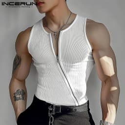 INCERUN Men Tank Tops Solid Color Knitted Zipper Sleeveless Male Vests Summer Streetwear Skinny 2025 Fashion Men Clothing S-3XL