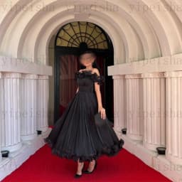 Customized Boat Neck A-Line Evening Dresses Off The Shoulder Ruffles Draped Midi Prom Gown Modern Backless Tea-Length Party Dres