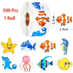 500/1000 Pcs Roll Sticker For Kids Cute Cartoon Fish Deals Sea Ocean Animal Stickers Creature Labels For Teacher Reward School