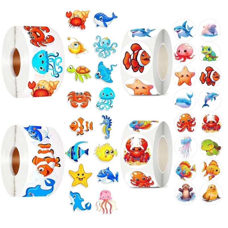 500/1000 Pcs Roll Sticker For Kids Cute Cartoon Fish Deals Sea Ocean Animal Stickers Creature Labels For Teacher Reward School