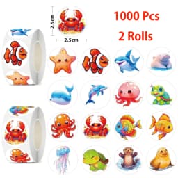 500/1000 Pcs Roll Sticker For Kids Cute Cartoon Fish Deals Sea Ocean Animal Stickers Creature Labels For Teacher Reward School