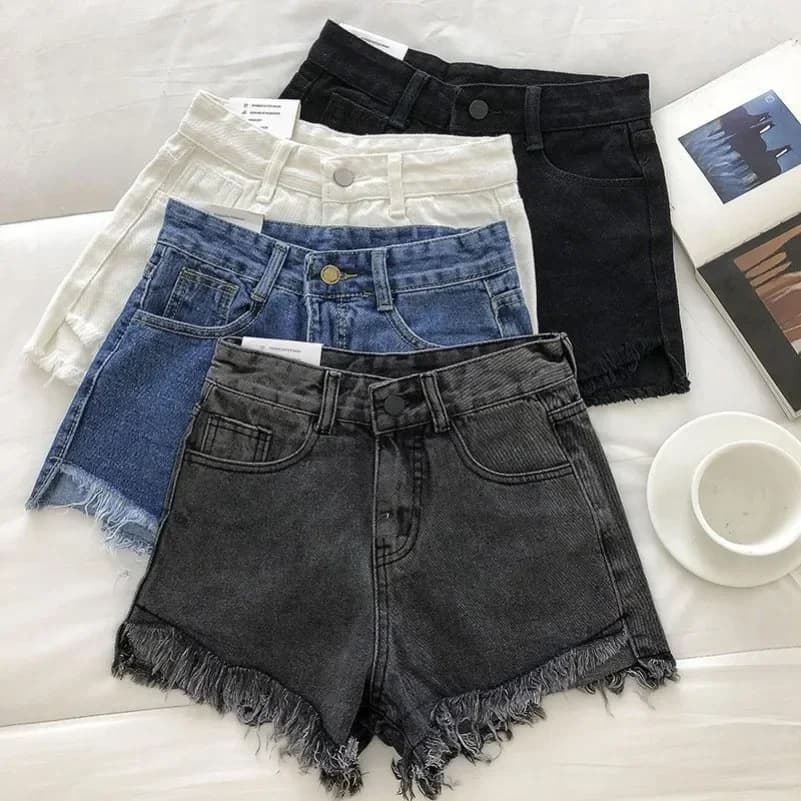 2025 New Summer Women High Wiast Raw Hem Denim Shorts Soild White Black Blue Korean Wide Leg Pants Mon Shorts Jean Shorts