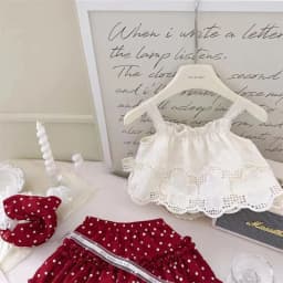 2026 New Strap Little Red Riding Hood Set Summer Cute Girl Hook Flower Western Style Tank Top Polka Pants Skirt Three Piece Set
