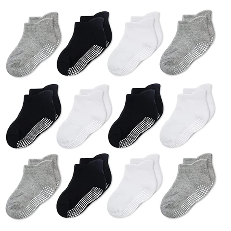 12 Pairs Basic Black, White and Grey Children's Socks, Adhesive Anti-Slip Socks, Baby Walker Socks, Boys' Socks and Girls' Socks