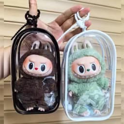 For Labubu V2 Transparent Colorful Protector Case Doll Accessories Organizer Box Plush Doll Display Bag Outdoor with Keychain