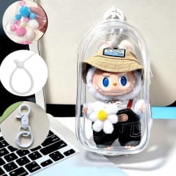 For Labubu V2 Transparent Colorful Protector Case Doll Accessories Organizer Box Plush Doll Display Bag Outdoor with Keychain