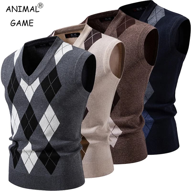 New Mens Argyle Knitwear Vest V Neck Sleeveless Casual Slim Fit Pullover Knitted Sweater Outdoor Streetwear Casual Tank Tops