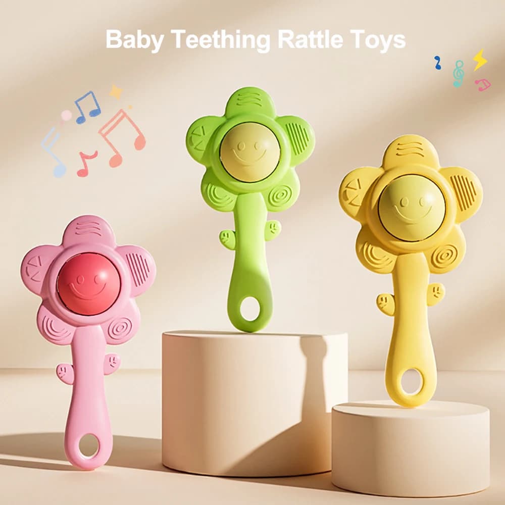 3-in-1Baby Teething Rattle with Chewable Gripper&Shaker Sensory Toy to Boost Vision/Hearing Unisex Gift for Birthdays/Holidays