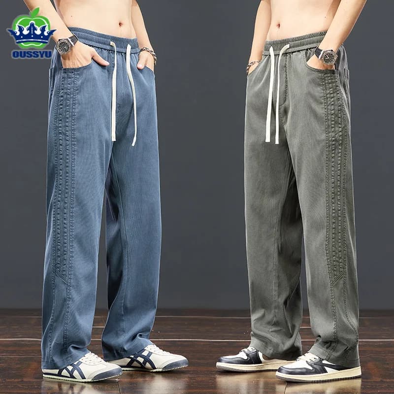 Autumn Soft Lyocell Fabric Pants Men Baggy Straight Wide Leg Pants Elastic Waist y2k Jogging Casual Trousers Plus Size 5XL