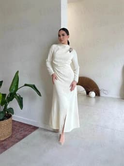 Customized A-Line Prom Dresses Tea-Length High-Neck Full Sleeve Evening Gown Fashion Sequined Crystal Simple Draped Party Gown