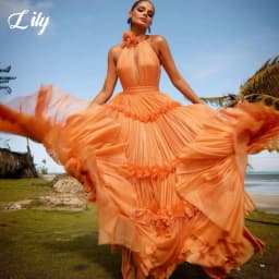 Lily Orange Elegant Formal Gown Sleeveless Deep V-Neck A-Line Prom Dress Strapless Pleating 3D-Flowers Evening Dress Customized