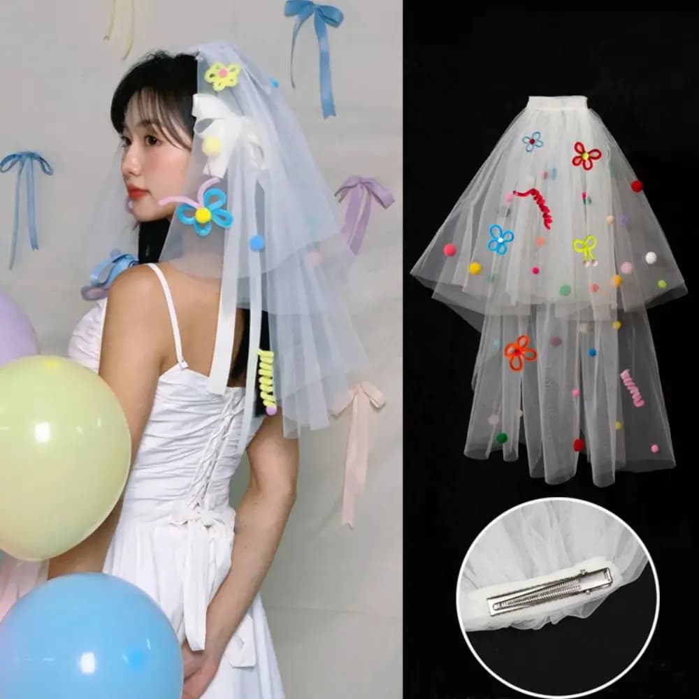 New Colorful Wedding Veils with Clip Sweet Pompom Mesh Tulle Butterfly Photo Props White Veil Bridal Veils Headdress Accessories