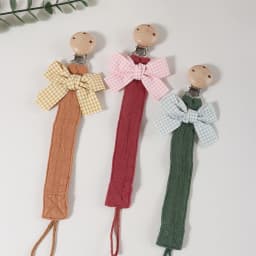 Cotton Bow Pacifier Clip for Girls - Baby Soother Holder with Wooden Paci Clip, Soft Muslin Cotton Strap for Newborn Dummy Chain