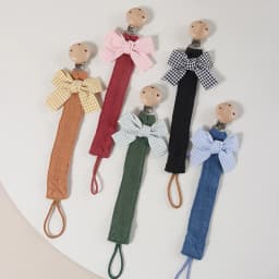 Cotton Bow Pacifier Clip for Girls - Baby Soother Holder with Wooden Paci Clip, Soft Muslin Cotton Strap for Newborn Dummy Chain