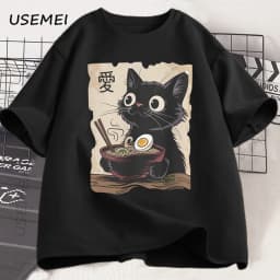 Funny Cat Ramen T-shirt Graphic Tee Japanese Kawaii Anime Cat Graphic T Shirts Men Women Casual Short Sleeve Cotton Tee Shirt
